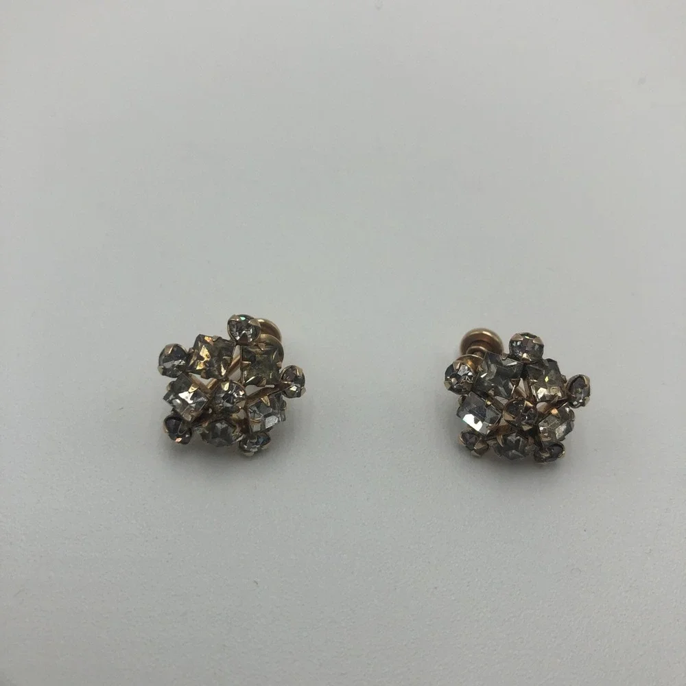VINTAGE M&S GOLD FILLED EARRINGS WHITE‎ CRYSTALS STAR SHAPE SCREW ON 1/20-12K